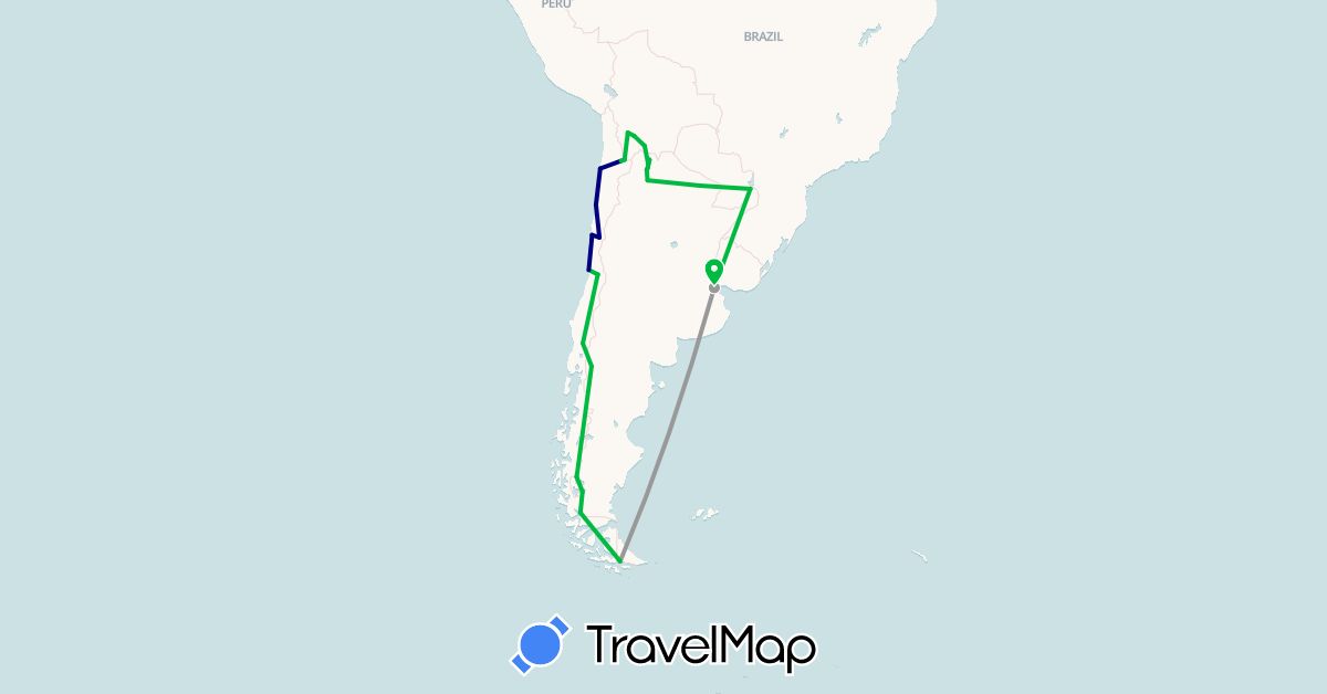 TravelMap itinerary: driving, bus, plane in Argentina, Bolivia, Chile (South America)